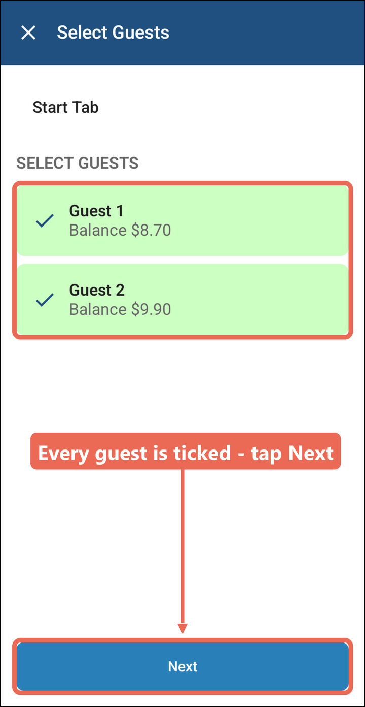 The Select Guests screen with both guests ticked and Next marked