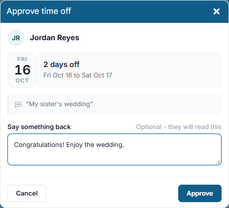 The Approve time off window, with a message to the employee