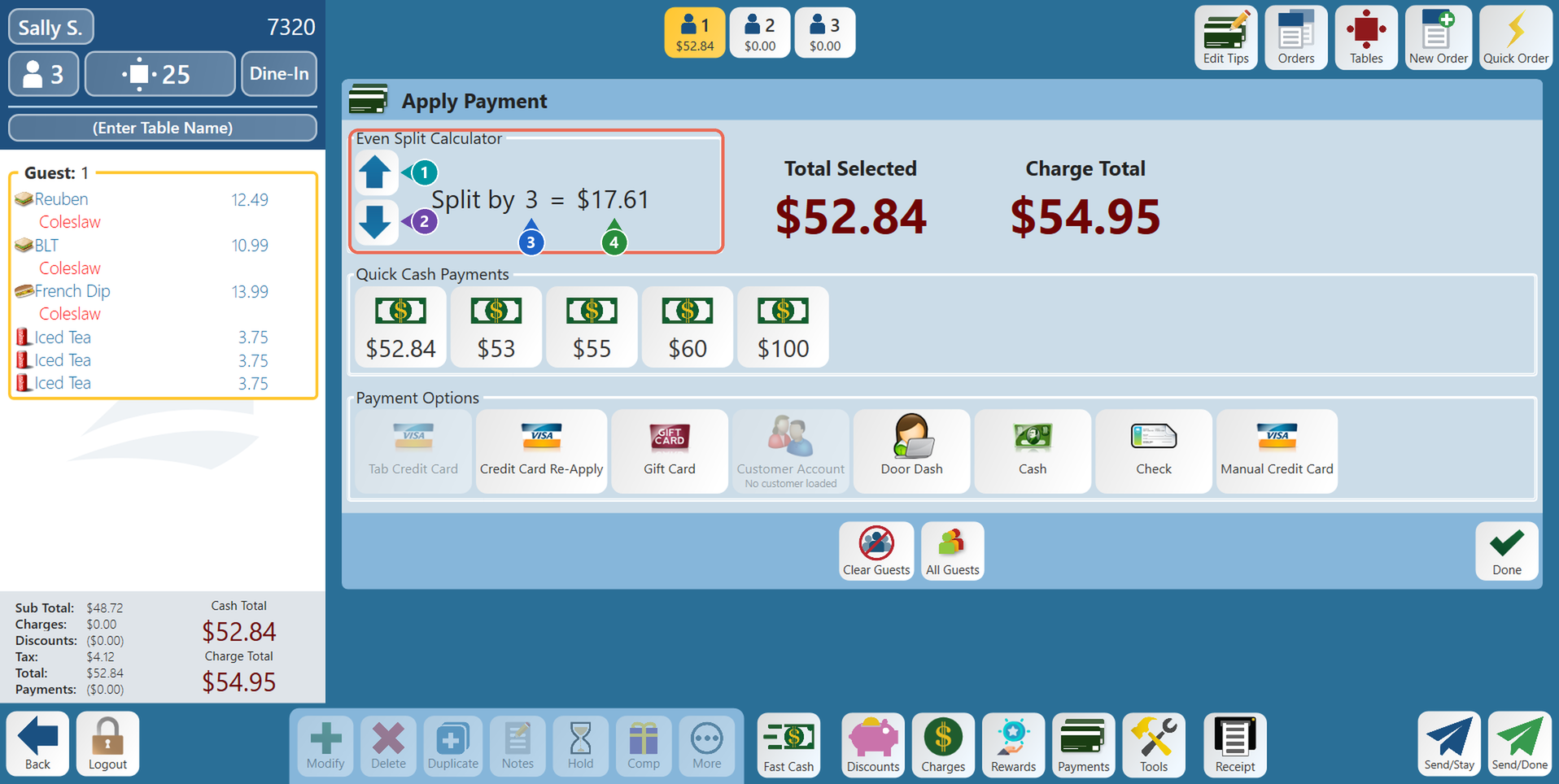 The Even Split Calculator showing Split by 3 = $17.61, with numbered markers on the arrows, the number and the amount