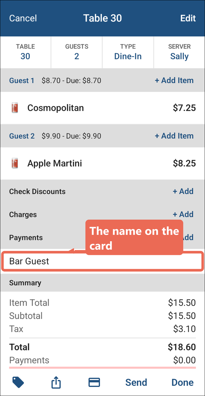 The order with the tab's name, Bar Guest, marked under Payments