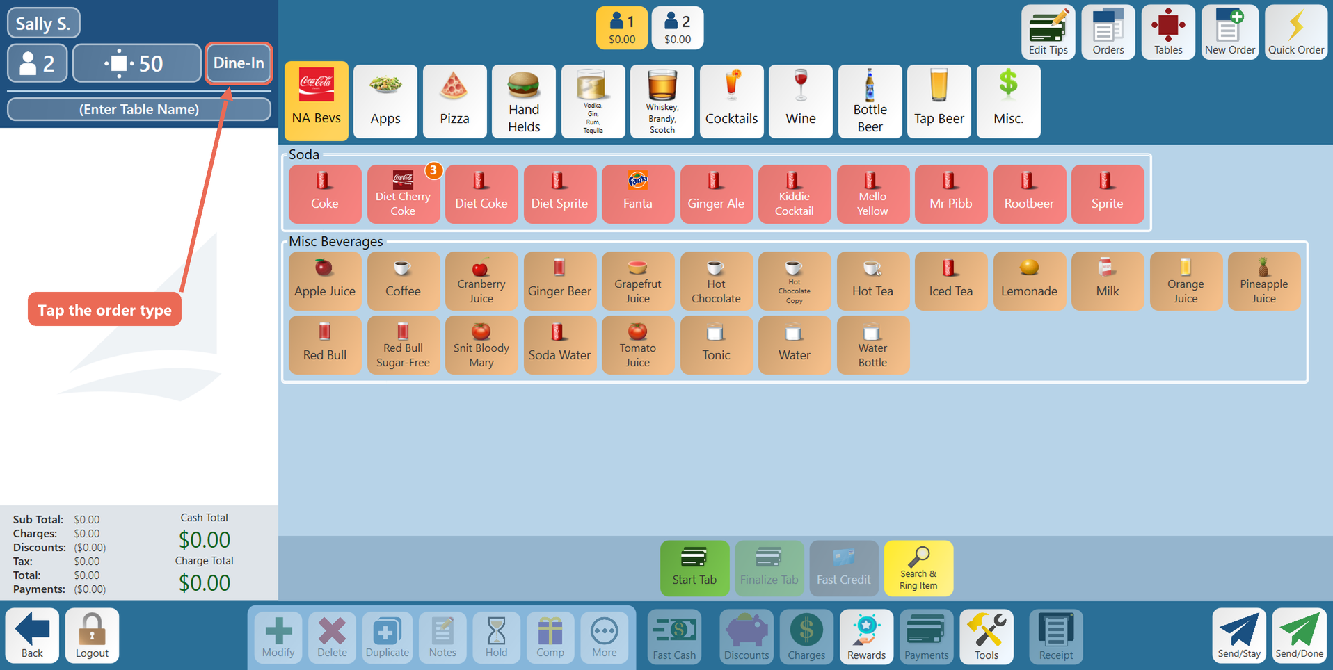 A new order on table 50 with the order type Dine-In in the check header boxed