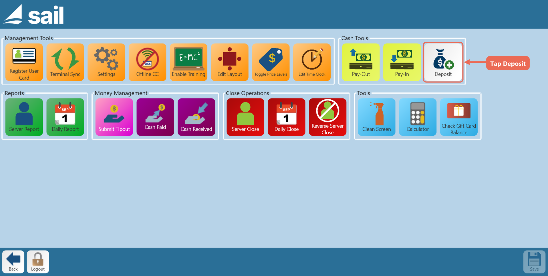 The Functions screen with the Deposit button under Cash Tools boxed and the callout Tap Deposit