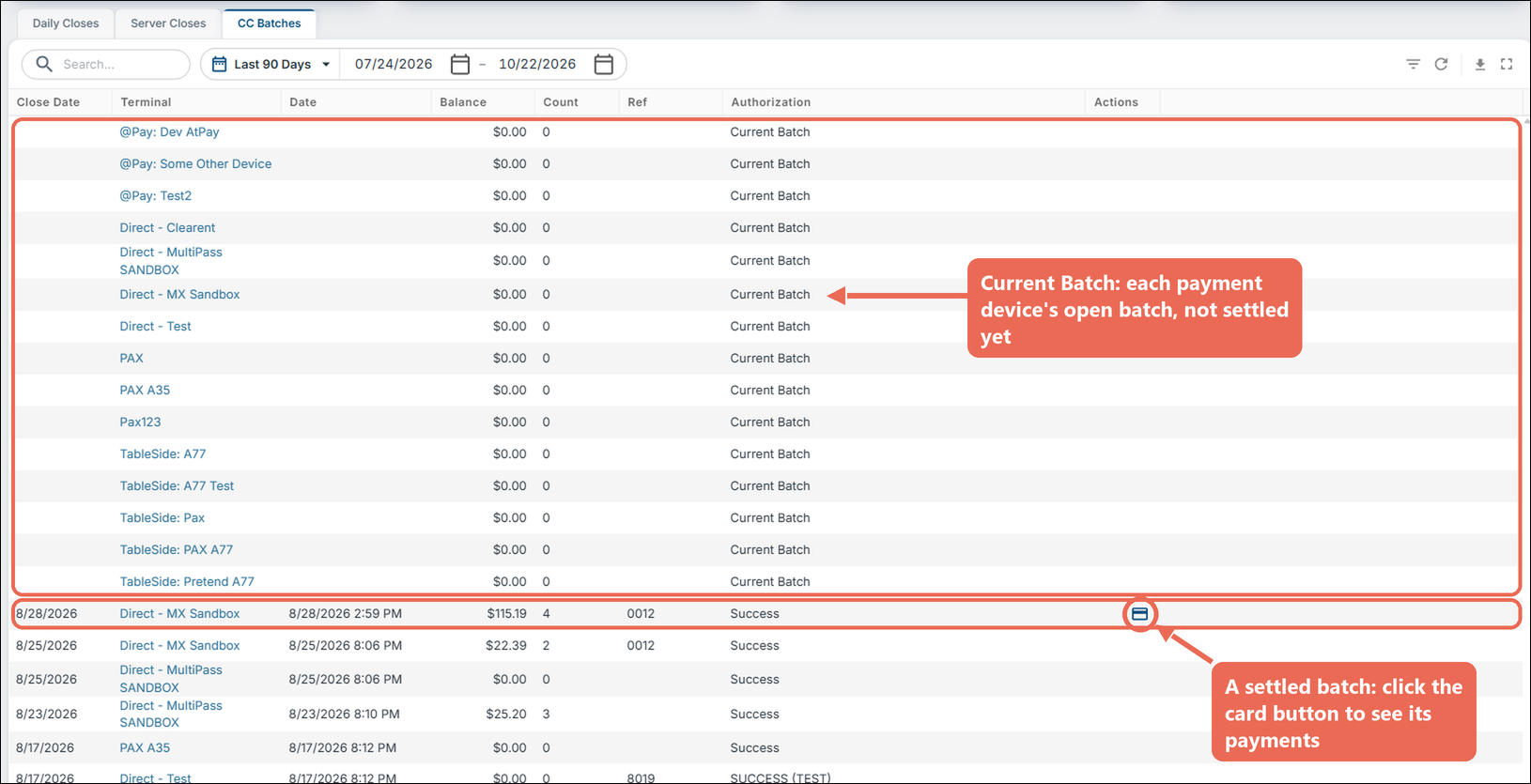 The CC Batches tab with the Current Batch rows marked, and the 8/28/2026 MX Sandbox batch with its card button circled