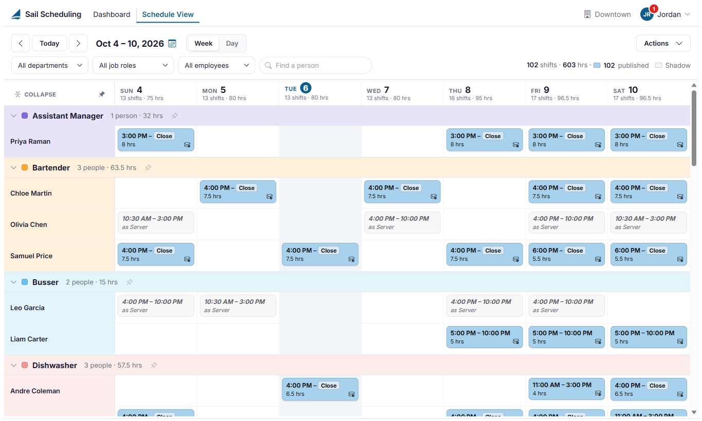 Schedule View, the published schedule for the location