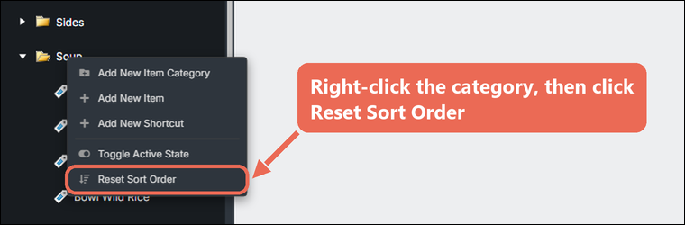 The Soup category right-clicked, with Reset Sort Order in the menu
