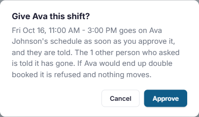 The Give Ava this shift confirmation