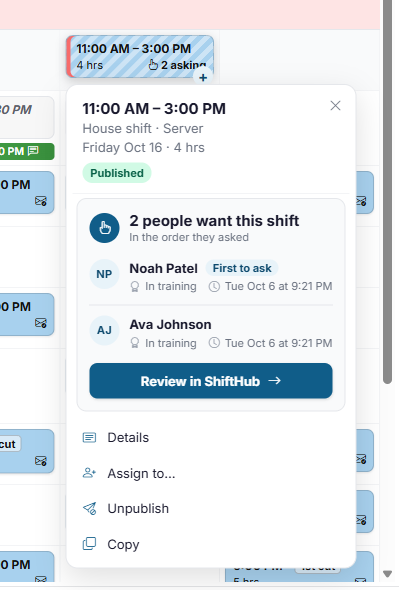 The menu for a published house shift, listing the people asking to pick it up, with a Review in ShiftHub button