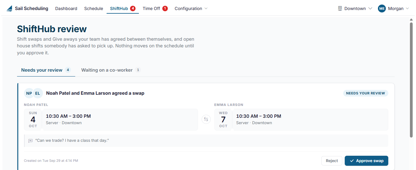 ShiftHub review, with 4 requests that need a review