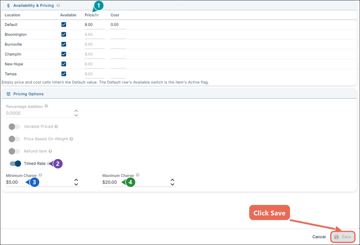 Availability and Pricing with the Price/hr column marked 1, Pricing Options with Timed Rate turned on marked 2, Minimum Charge $5.00 marked 3, Maximum Charge $20.00 marked 4, and the Save button marked