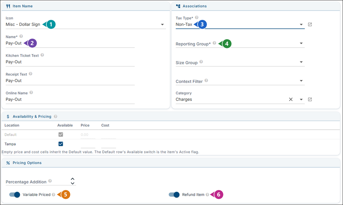 The General tab of a new item numbered 1 to 6: Icon, Name, Tax Type, Reporting Group, Variable Priced and Refund Item