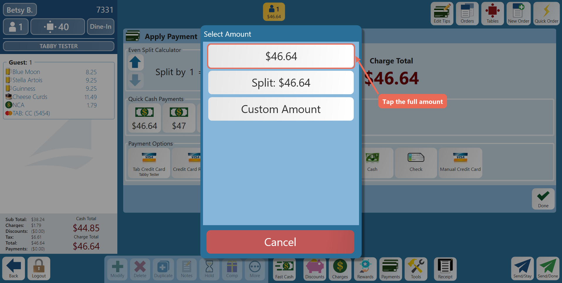The Select Amount list for the tab with the full amount, $46.64, boxed