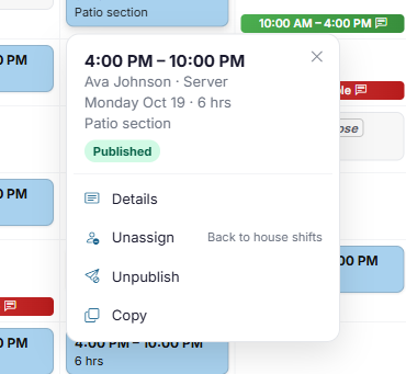 The menu for a published shift