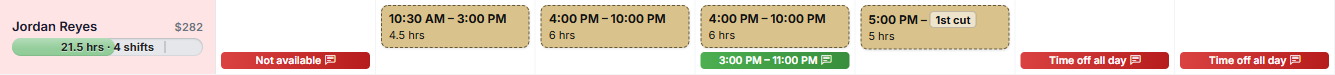 An employee's row on the schedule, with Time off all day on Friday and Saturday