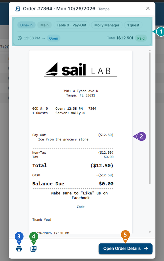 Order 7364, the Ice from the grocery store pay-out, with numbers on the order summary, the receipt, the Print receipt and Download PDF buttons, and Open Order Details