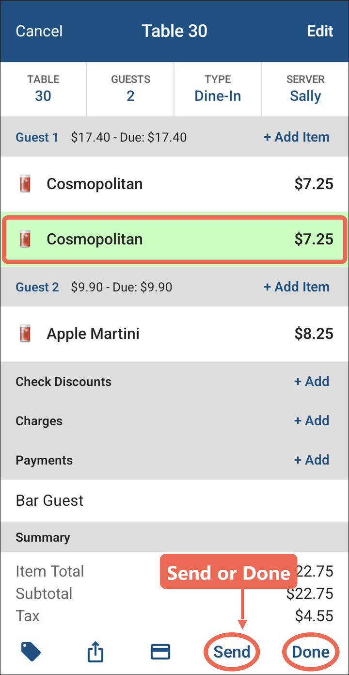 The order with a new Cosmopolitan in green, and Send and Done marked