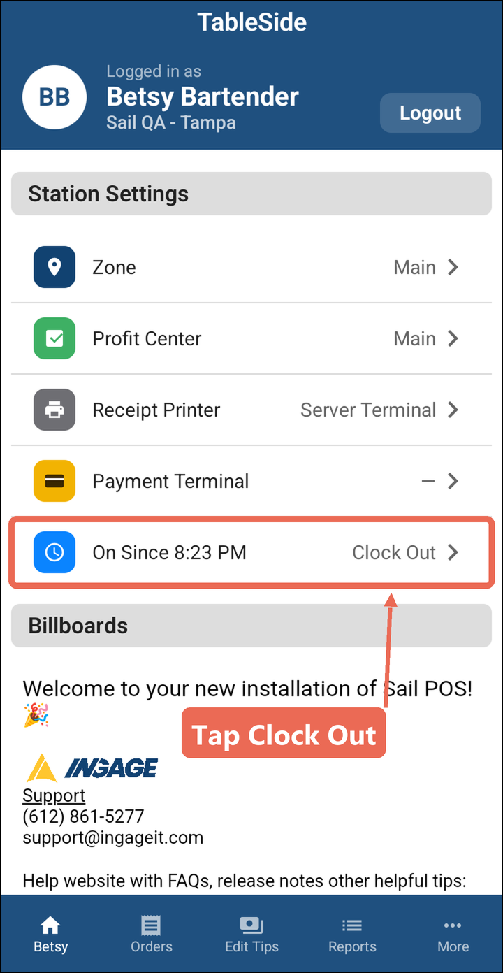 The home screen with the On Since, Clock Out row marked