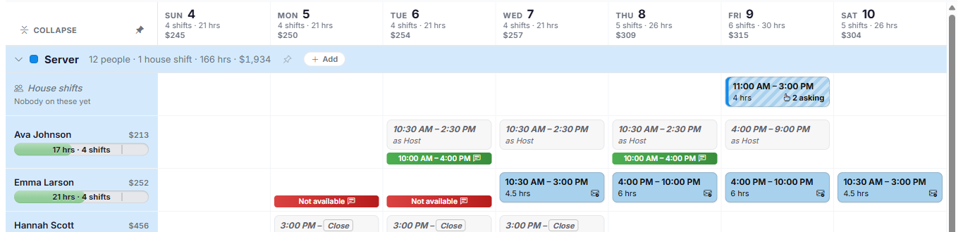 The Server job role's House shifts row, with one published house shift that 2 people have asked for