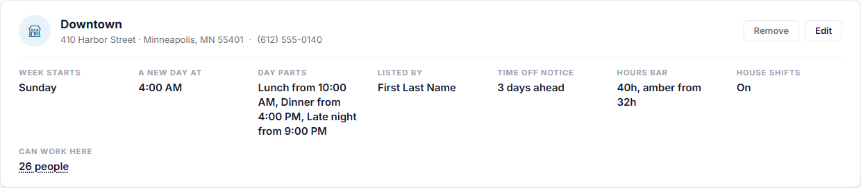The Downtown location card, listing its day parts