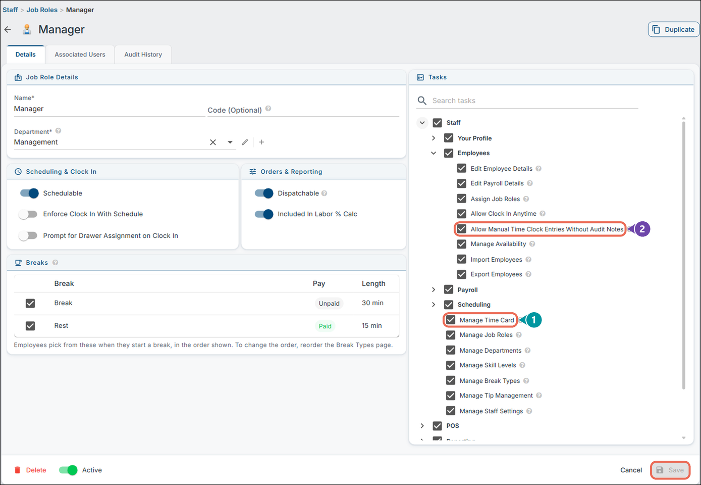 A job role's Tasks list with Staff and Employees opened, Manage Time Card and Save boxed, with numbered markers