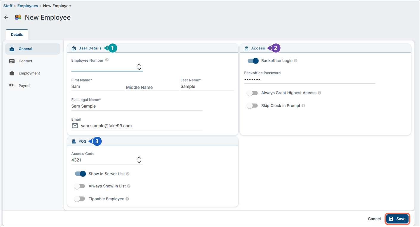 The New Employee page in Backoffice, General tab, filled in for Sam Sample: User Details marked 1, Access marked 2, POS marked 3, and the Save button marked