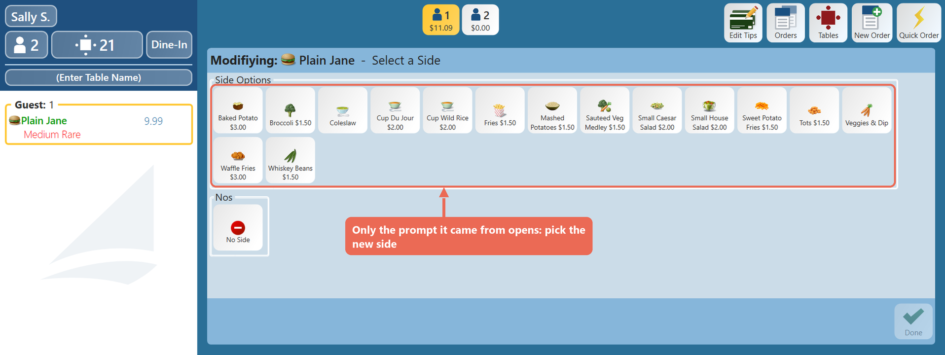 The Select a Side prompt opened again with its side choices boxed, and the burger on the order without Fries