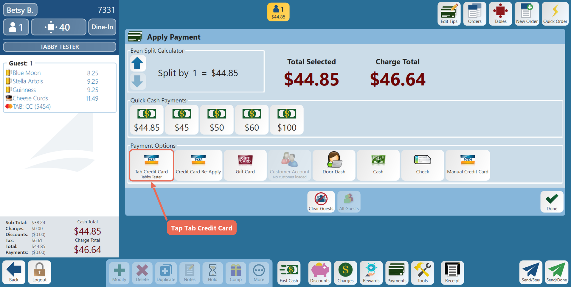 The Payments screen with the Tab Credit Card button boxed