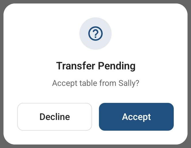 The Transfer Pending message: Accept table from Sally? with Decline and Accept