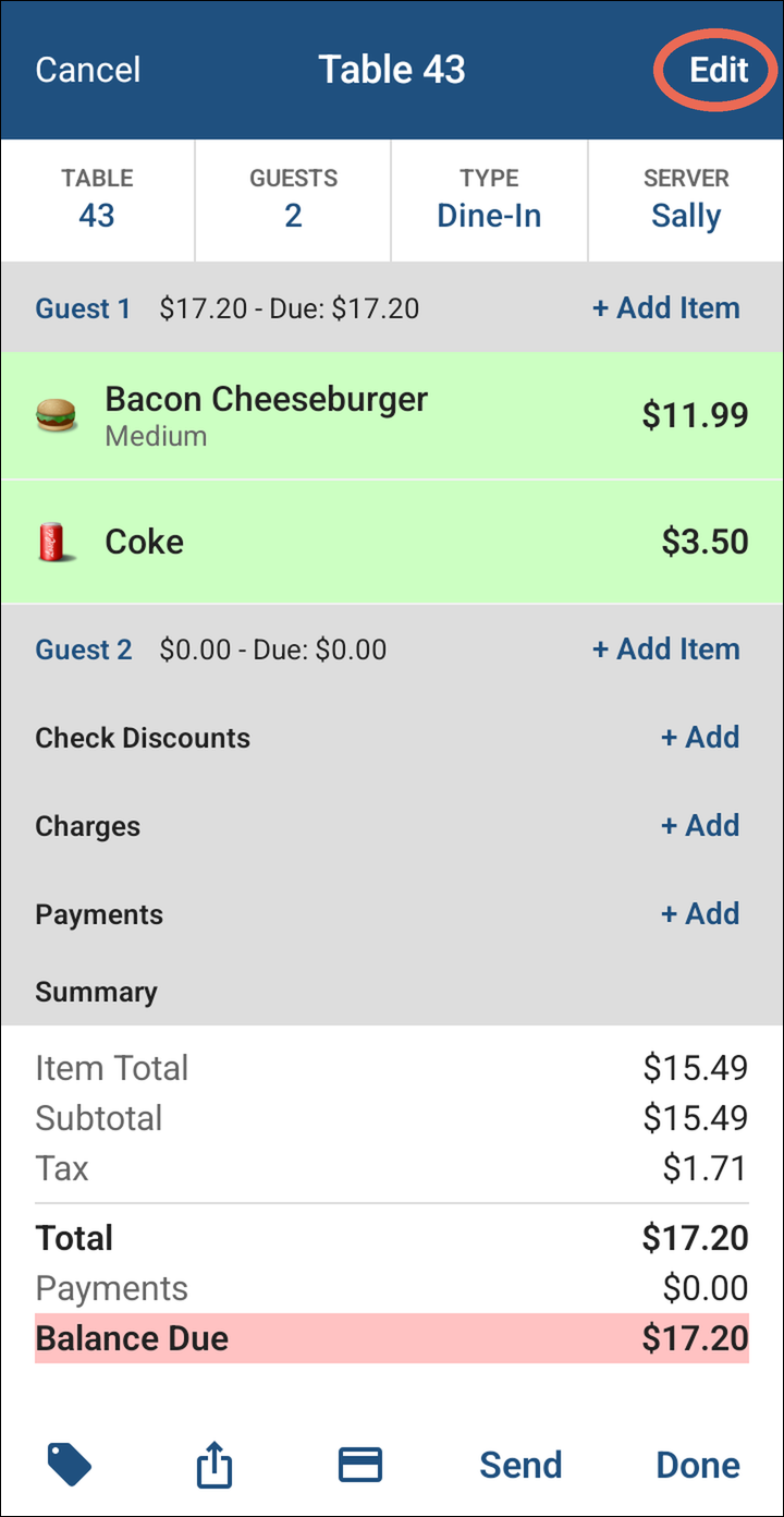 Table 43 with a Bacon Cheeseburger and a Coke on Guest 1, and Edit marked at the top right