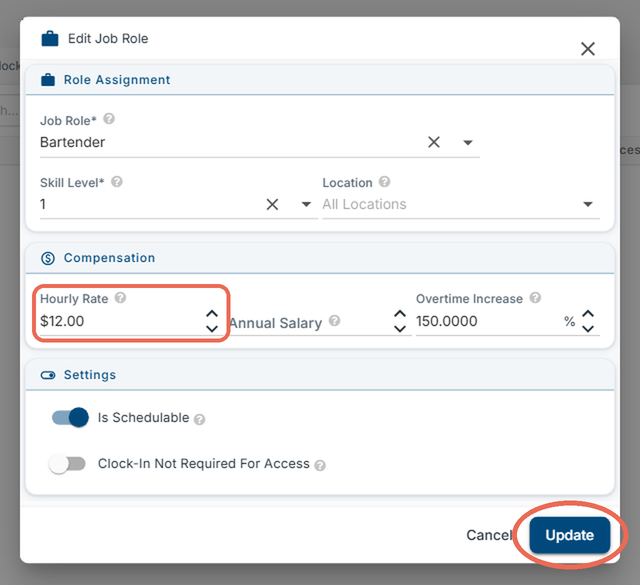 The Edit Job Role window with the Hourly Rate field and the Update button marked