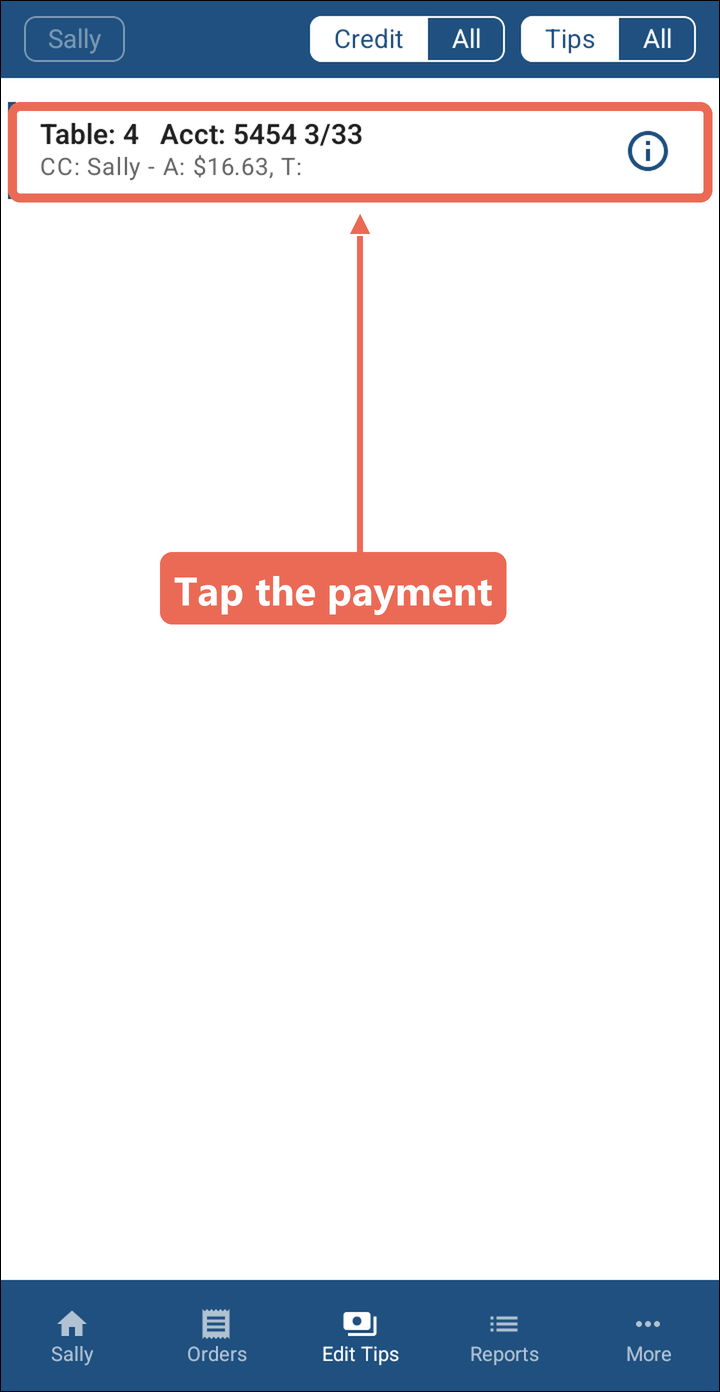 The payment for Table 4, card ending 5454, marked with Tap the payment