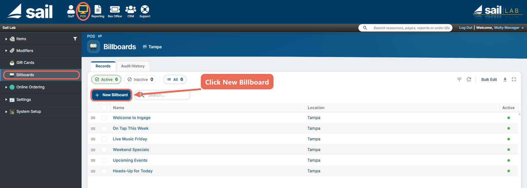 Backoffice with POS at the top and Billboards in the left menu marked, and the New Billboard button marked above the list of billboards