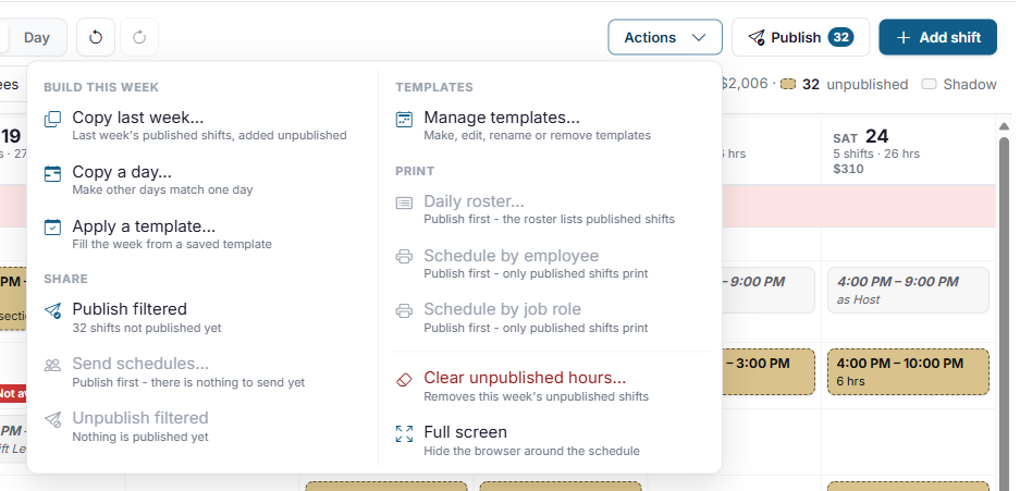 The Actions menu with a filter on, showing Publish filtered and how many shifts it would publish