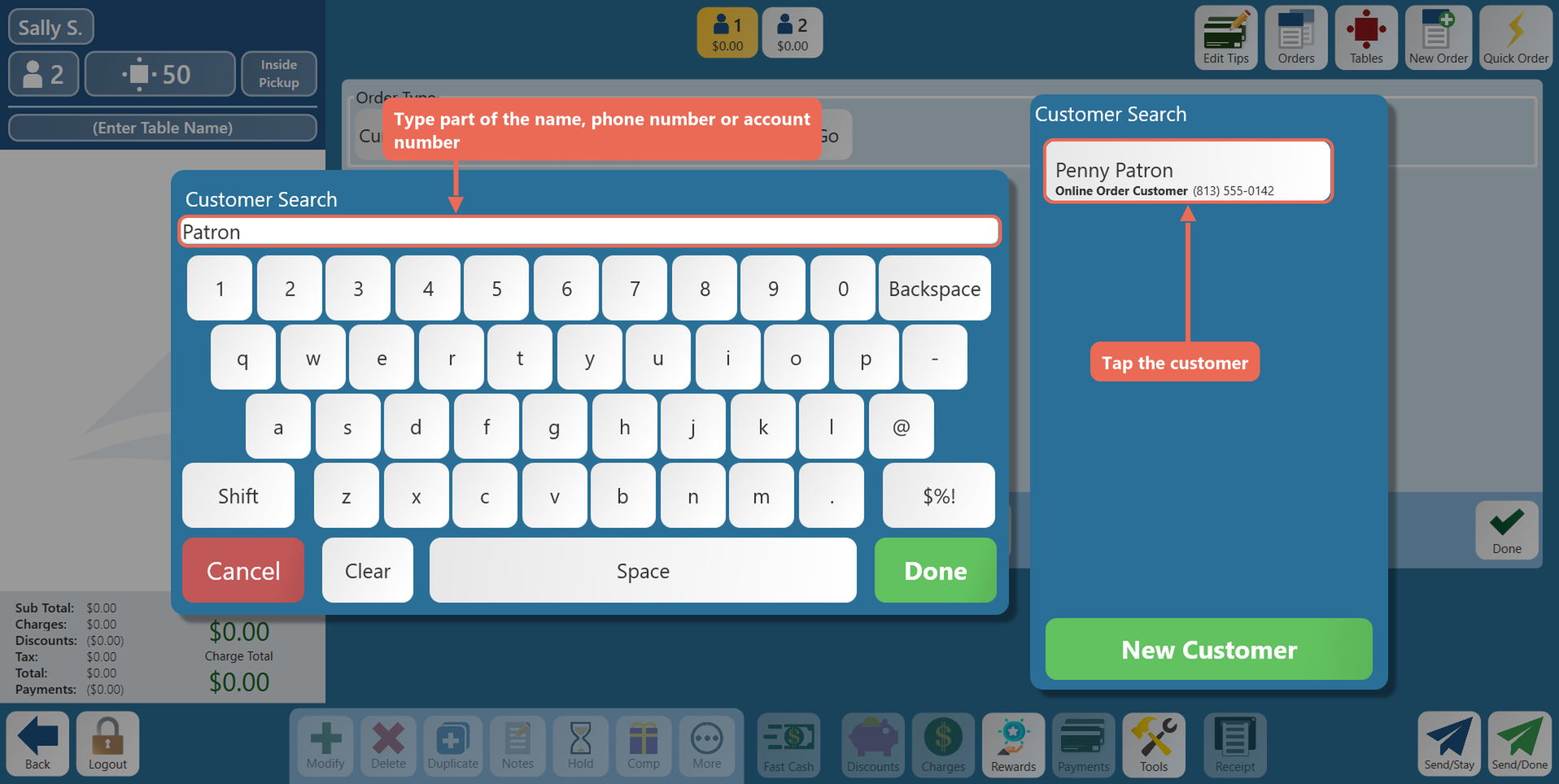The Customer Search keyboard with Patron typed, and the customer Penny Patron in the list on the right, both boxed