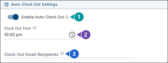 The Auto-Clock Out Settings box with Enable Auto-Clock Out marked 1, Clock Out Time marked 2 and Clock Out Email Recipients marked 3