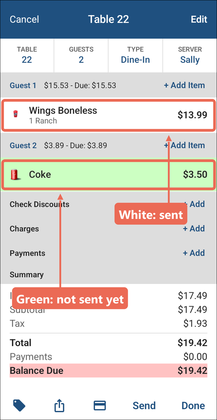 Table 22 with the sent Wings Boneless in white and a new Coke in green, both marked