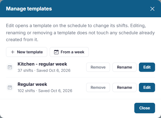 The Manage templates window, with New template and From a week above the list, and Remove, Rename and Edit on each template