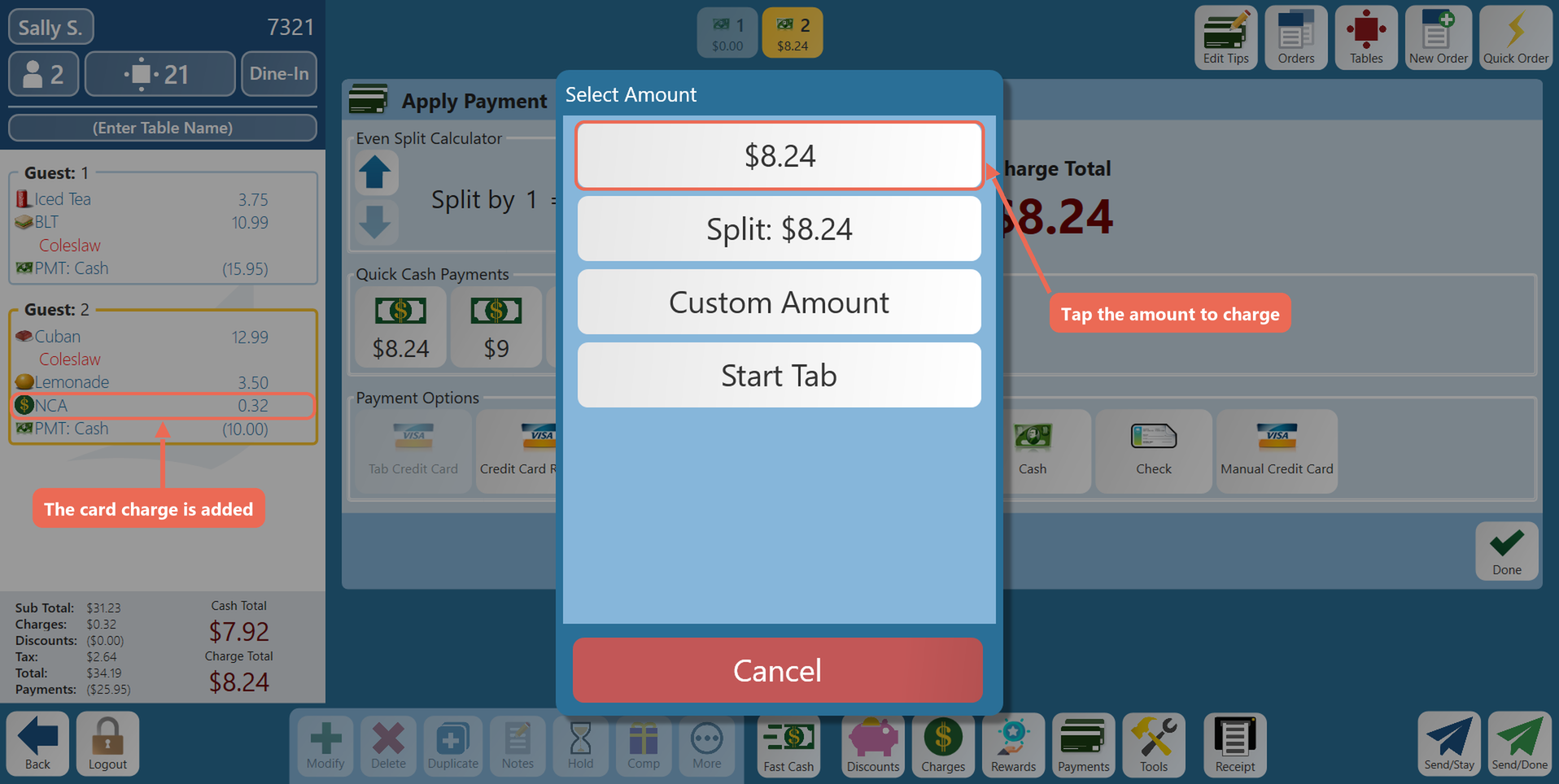 The Select Amount list for a card payment with $8.24 boxed, and the card charge line on the order boxed