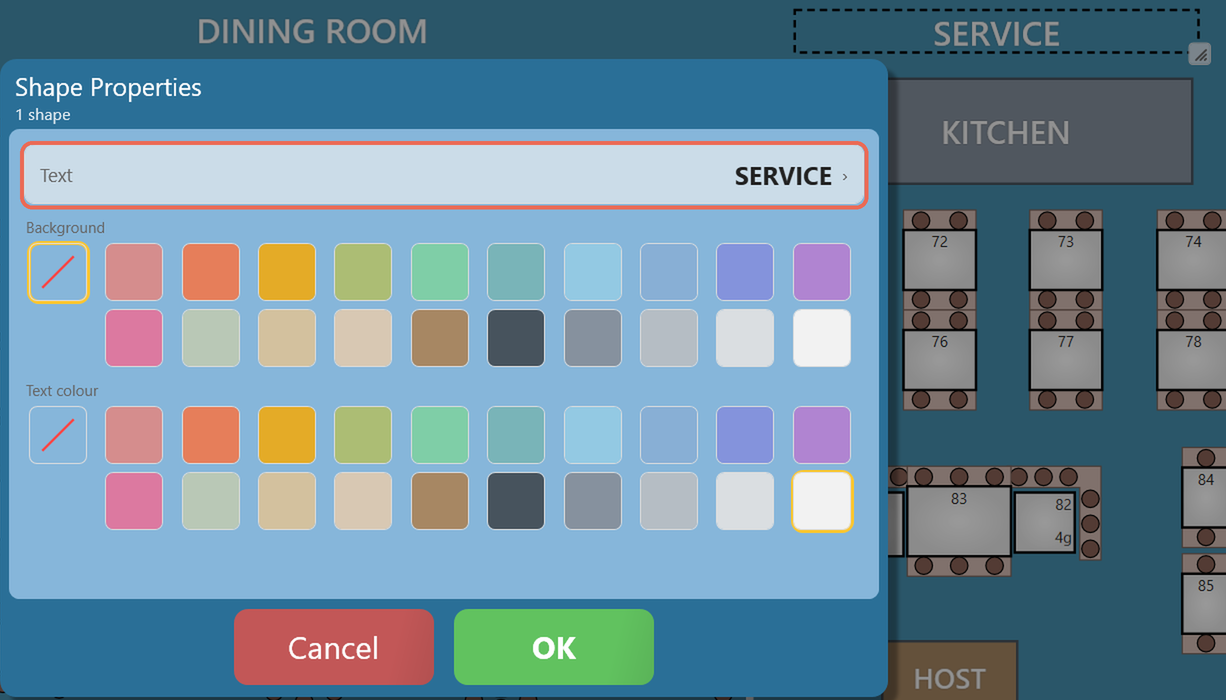 Shape Properties for the SERVICE label, with the Text field circled