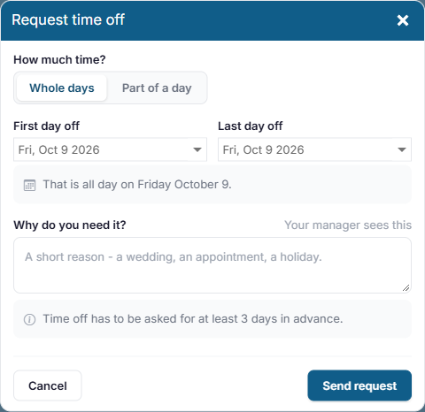 The Request time off window