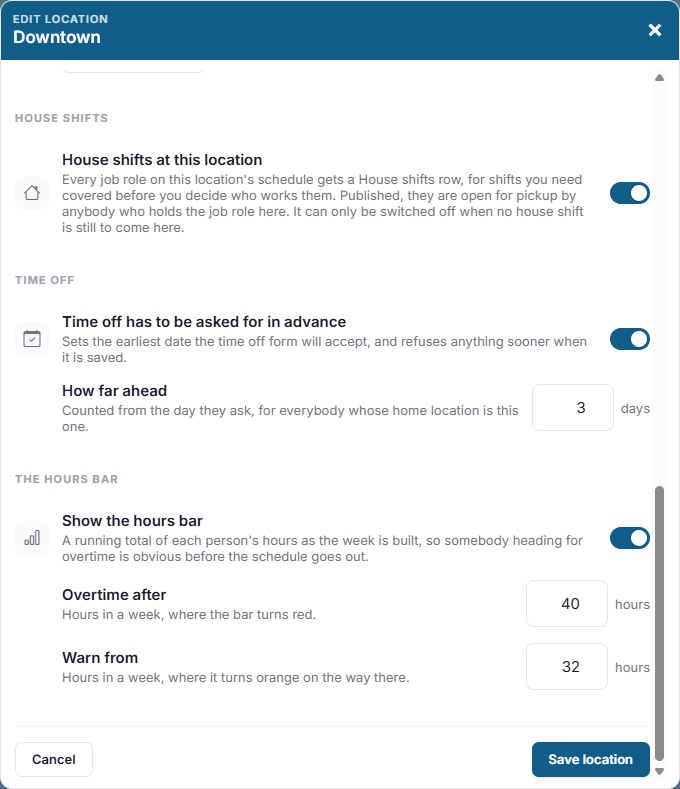 The Time off and Hours bar settings for a location