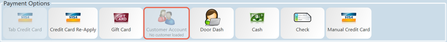 Payment Options with the Customer Account button boxed, showing No customer loaded