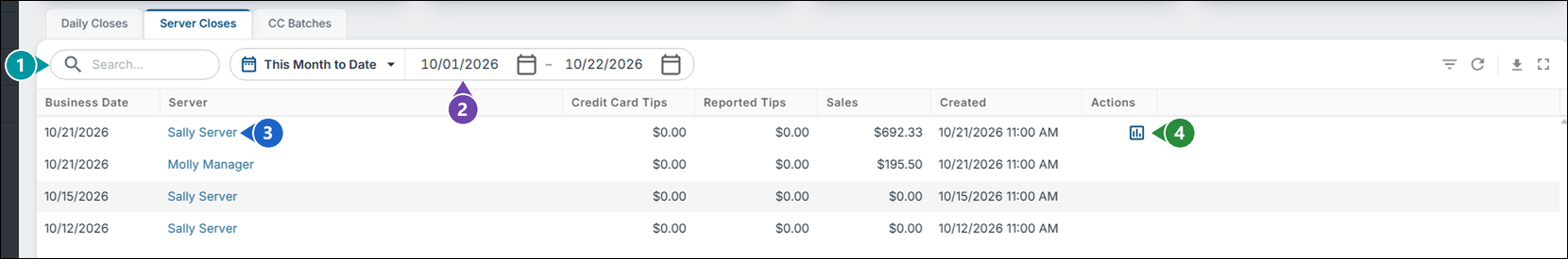 The Server Closes tab for this month to date, with numbers on the search box, the date range, a server's name and the Server Close Report button