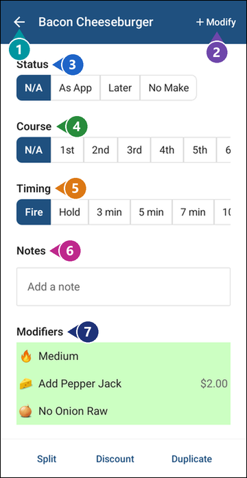 The top of the Modify screen for a Bacon Cheeseburger with numbered markers: the back arrow, + Modify, Status, Course, Timing, Notes and Modifiers