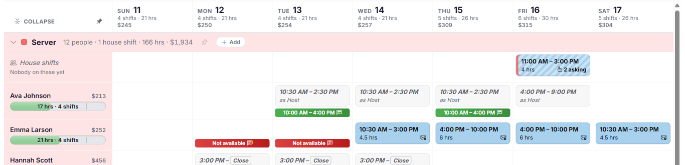 The Server job role's House shifts row, with one published house shift that 2 people have asked for