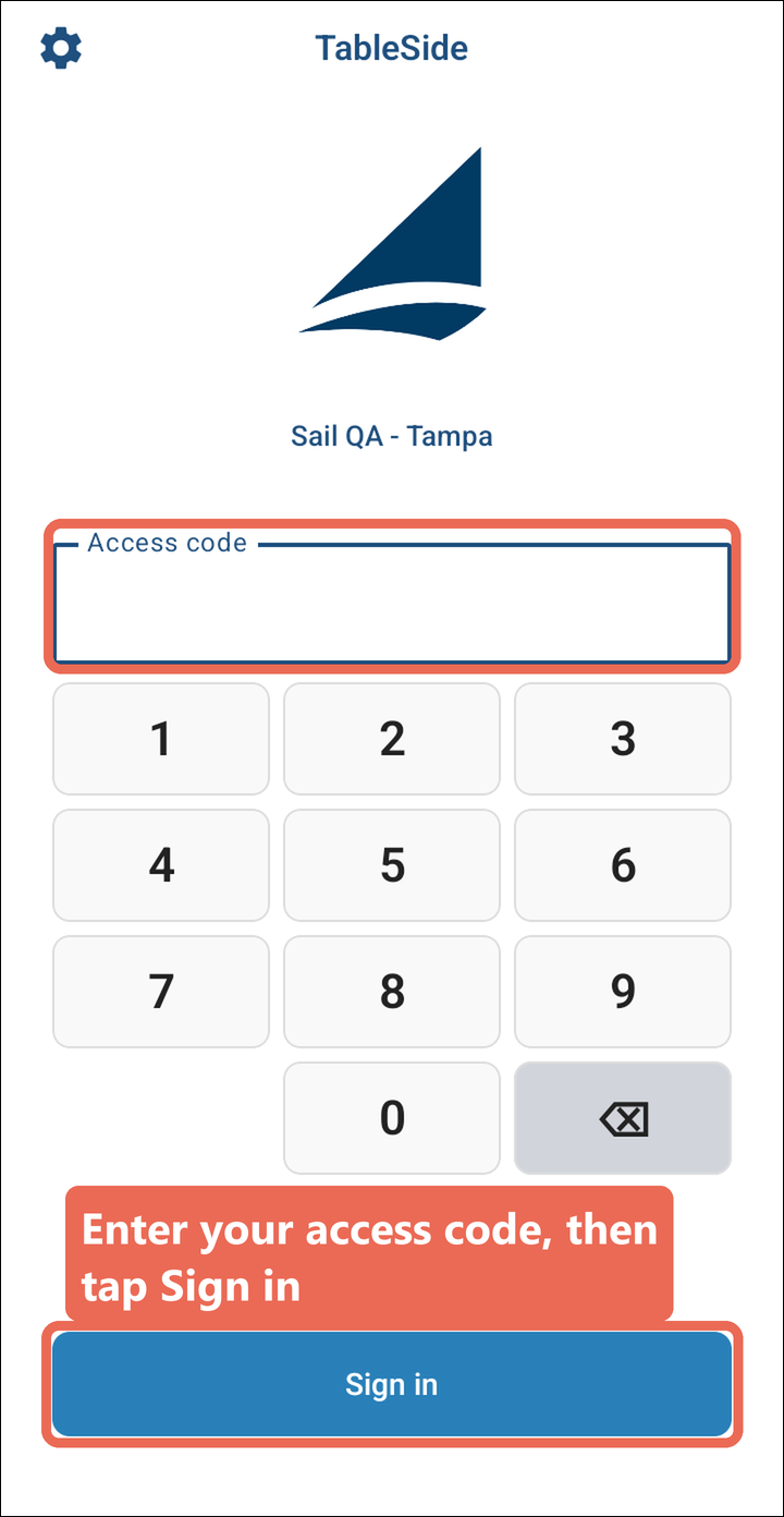 The handheld sign-in screen with the Access code box and the Sign in button marked