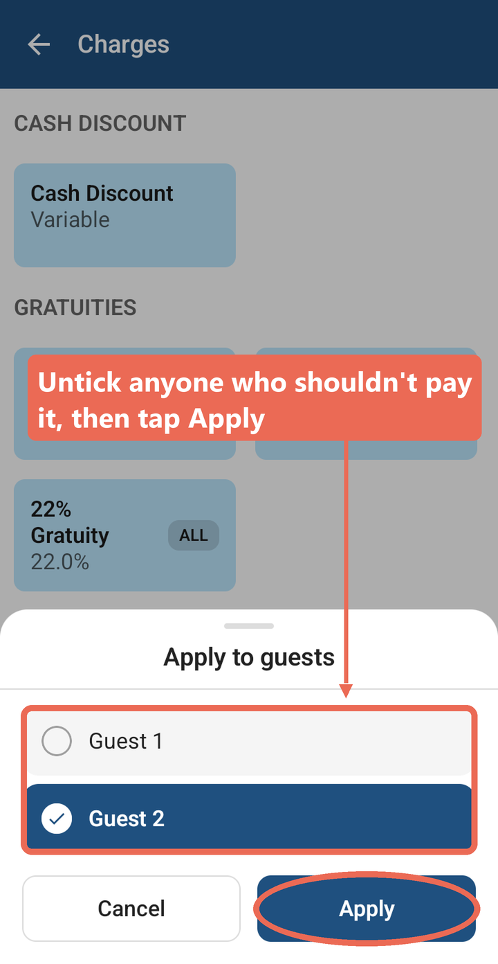 The Apply to guests list with Guest 1 unticked, Guest 2 ticked and the Apply button marked