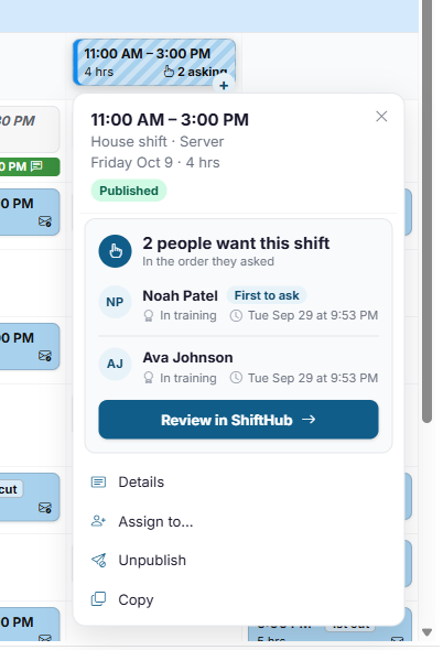 The menu for a published house shift, listing the people asking to pick it up, with a Review in ShiftHub button