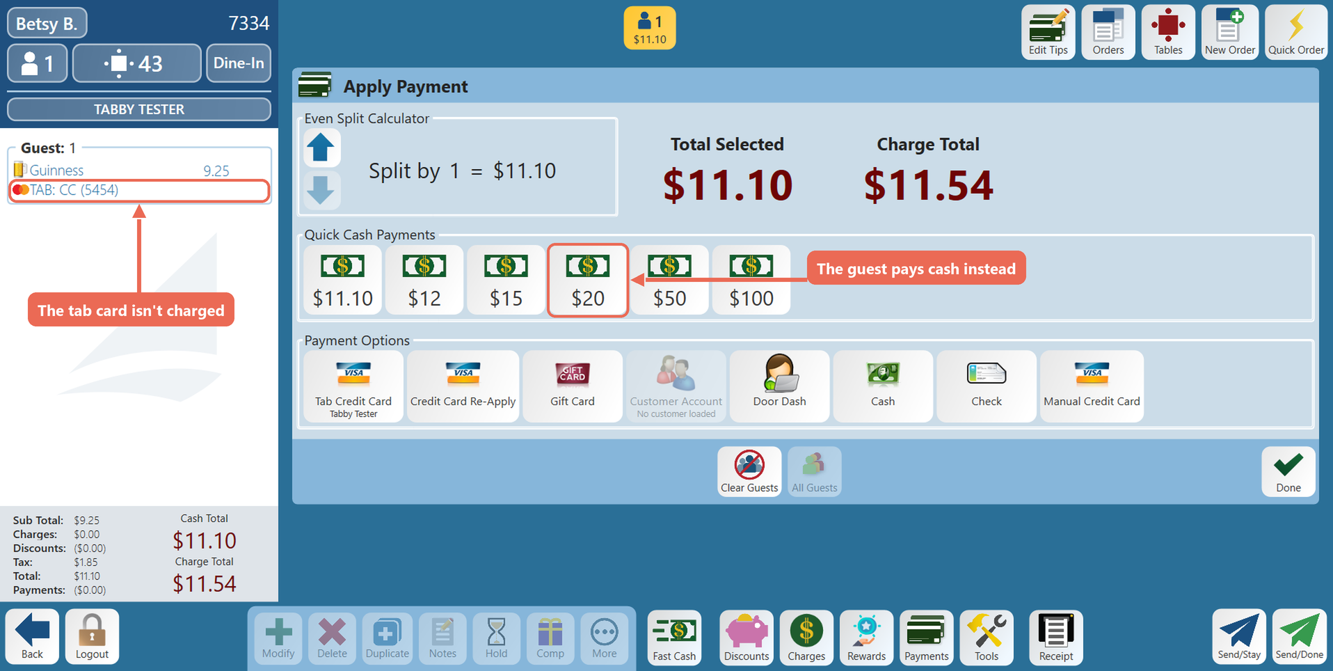 The Payments screen for an order with a tab, the $20 quick cash button boxed and the Tab Credit Card button left alone