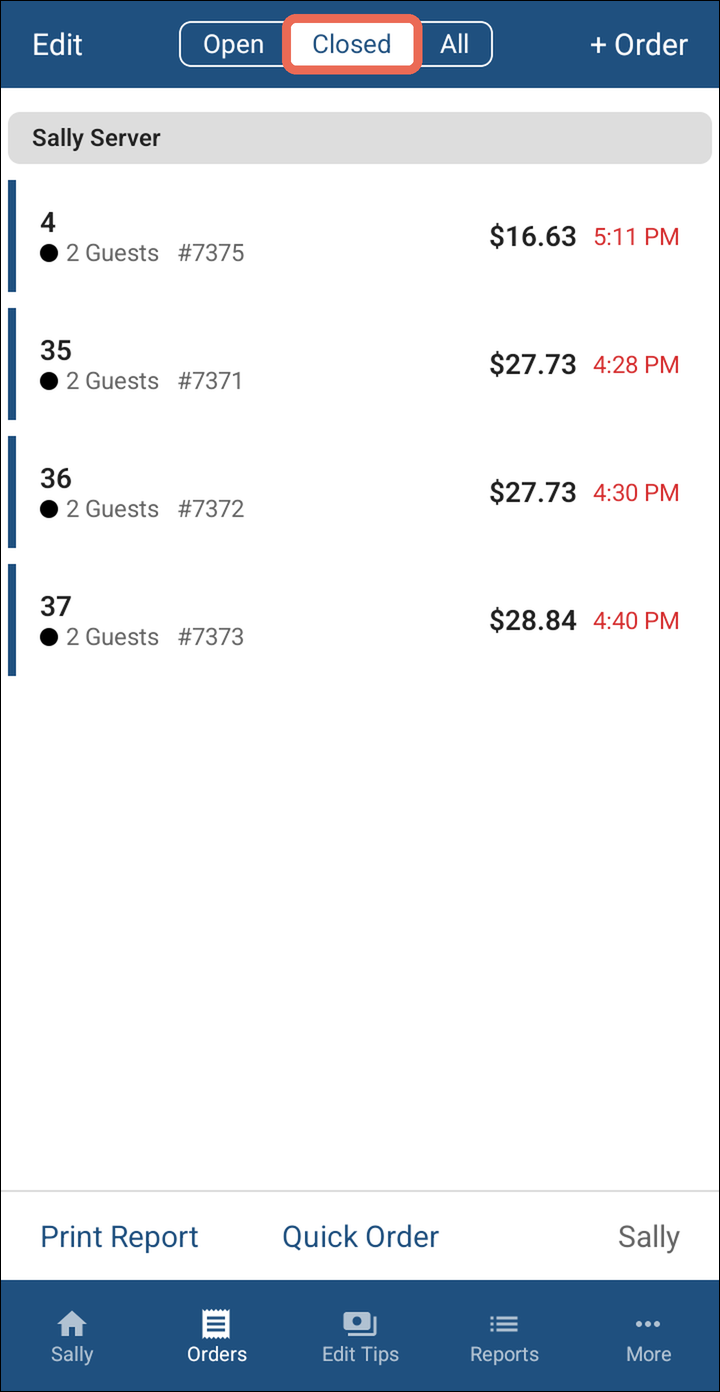 The Orders screen with Closed marked at the top, showing four closed orders with their times in red