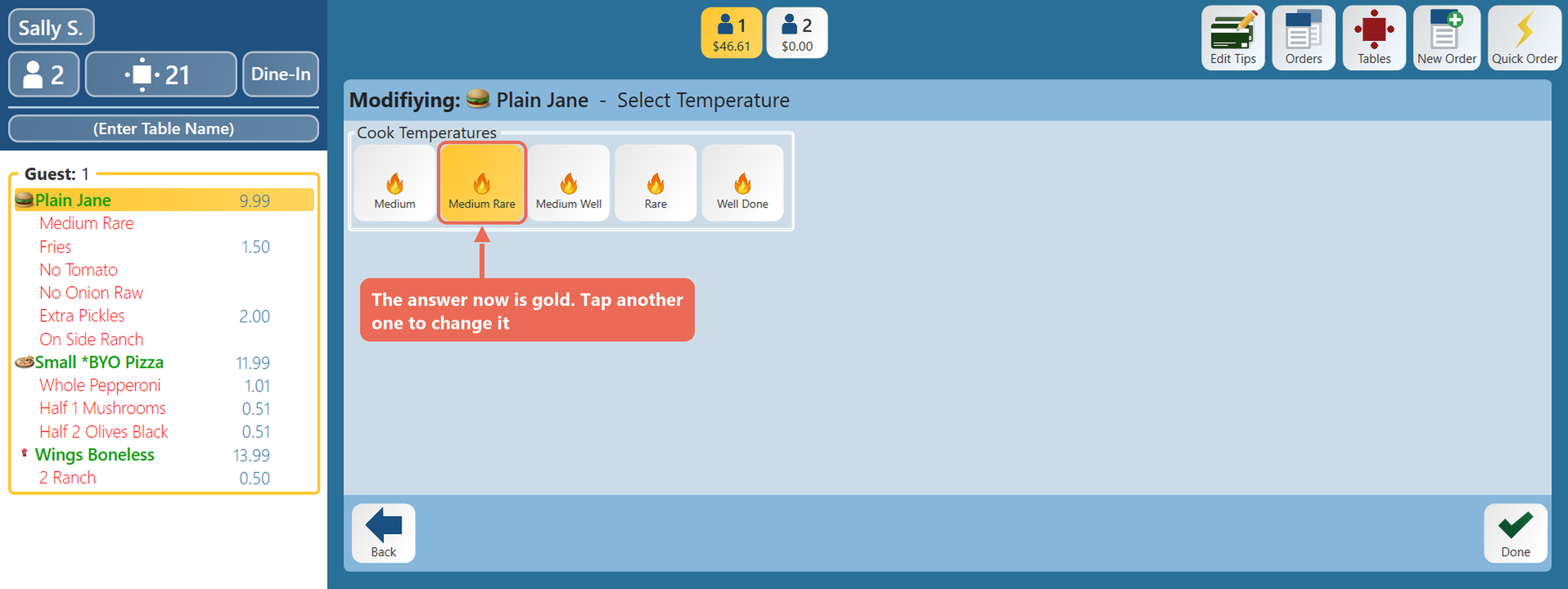 The Select Temperature prompt opened again with Medium Rare in gold and boxed